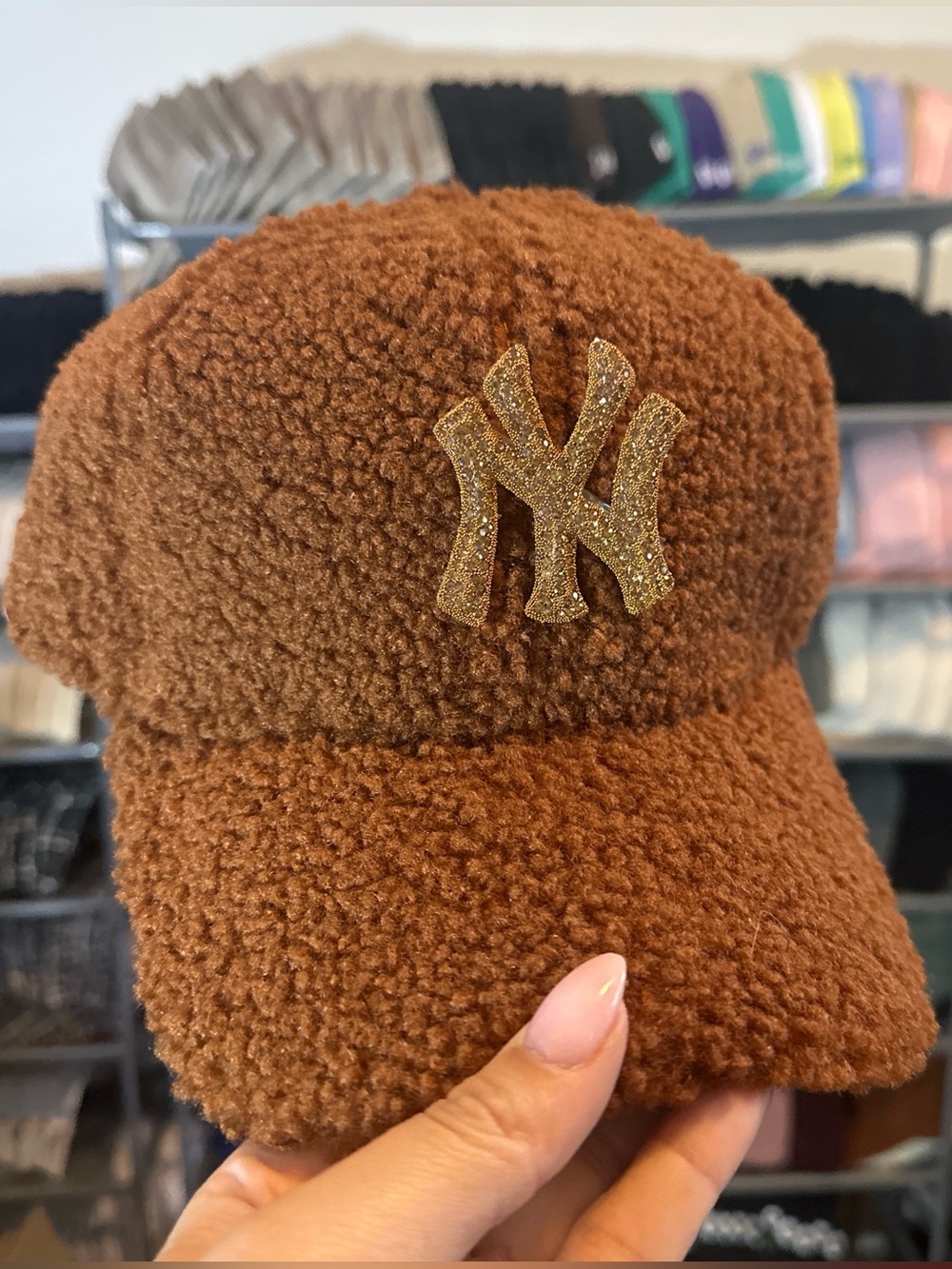 Brown Sherpa Baseball Cap with Glitter Logo